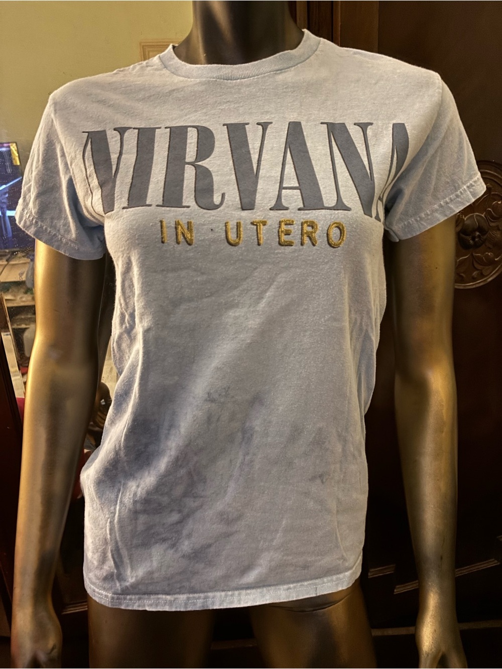NIRVANA In Utero Graphic Tee - Light Blue with Gold Text